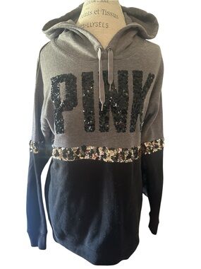 Victoria's Secret PINK gray and black hoodie leopard print sequin logo